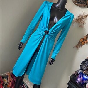 Vintage Teal Long-Sleeve Dress with Embellishment